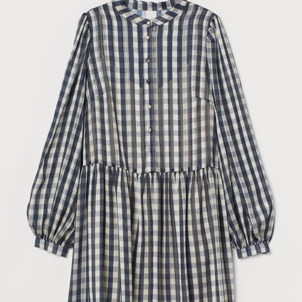 Wide Cut Dress Navy and Cream Gingham Plaid XS